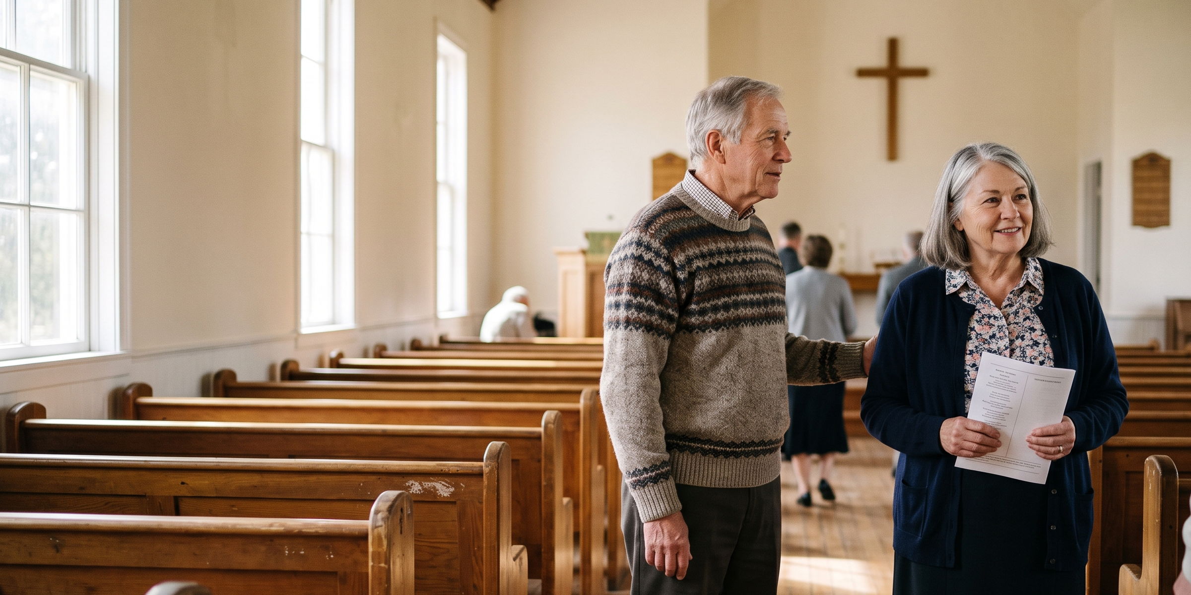 A church sanctuary with light coming through the windows