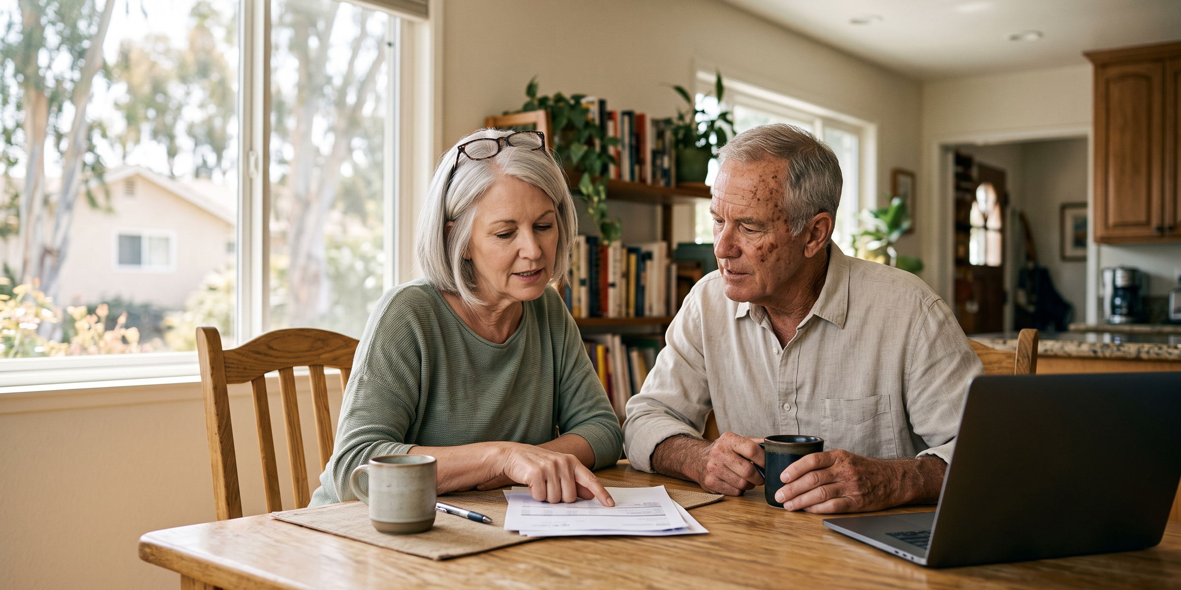 A couple at a kitchen table reviewing retirement account paperwork